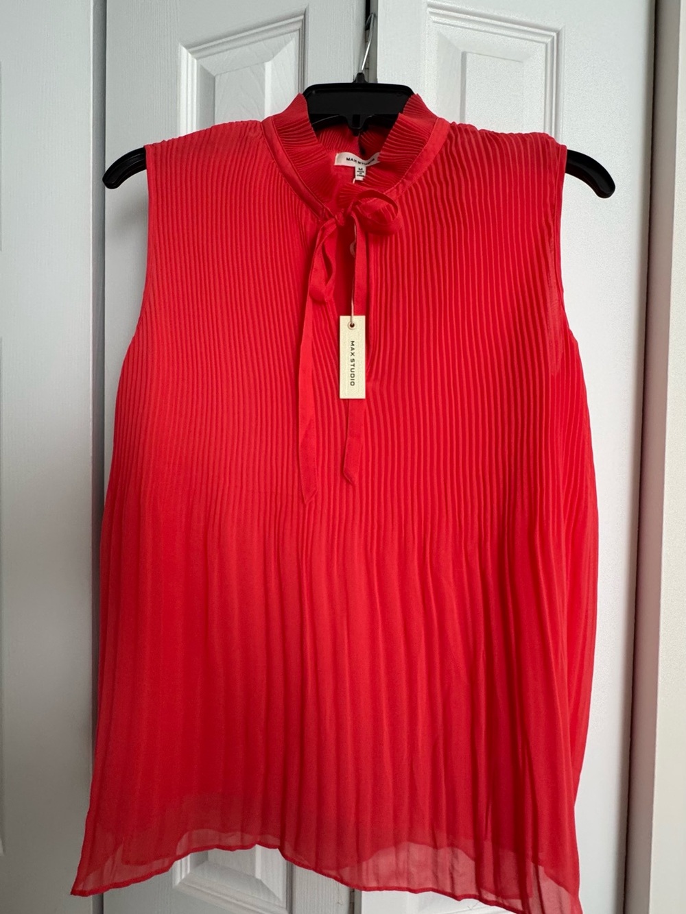Max Studio Sleeveless Pleated Tie-Neck Top in Coral